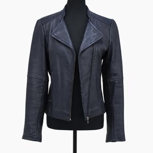 Reiss Midnight Blue 100% Lamb Leather Moto Jacket - Size S